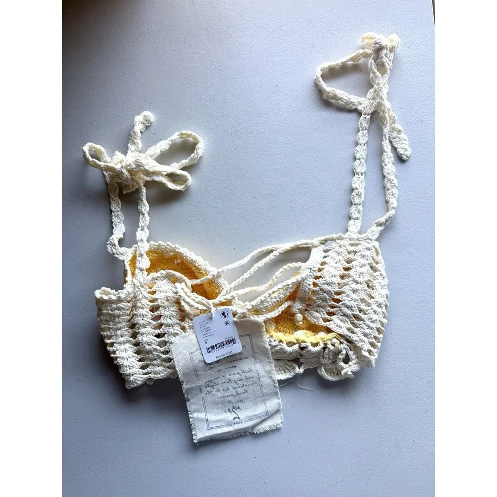 Free People Intimately Sweet On You Crochet Bra Top Ivory Yellow Lace Up S NWT